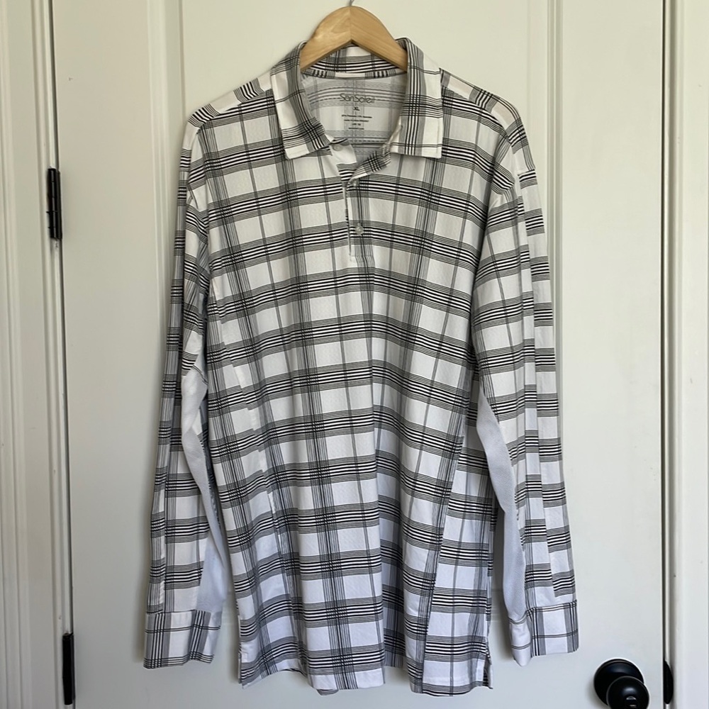 SanSoleil Men’s UPF 50 Plaid Long Sleeve Polo Shirt White/Black XL